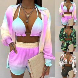 Women's Tracksuits Women's Sexy Crop Three Piece Tropical Print Balloon Sleeve Shirt And Shorts Summer Cover Up Swimsuits With Youth