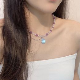 Pendant Necklaces Fashion Water Drop Crystal Necklace For Women 2023 Trend Elegent Purple Pearl Stone Decor Choker Clavicle Accessories