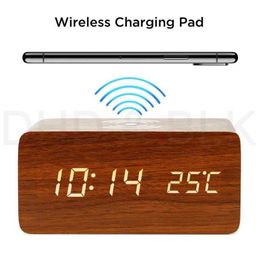 Desk Table Clocks Electric LED alarm clock with phone wireless charger Wooden Creative w/ Qi Wireless Phone Charging digital thermometer clock AA230515