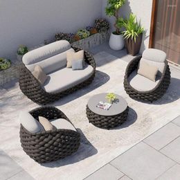 Camp Furniture Tatta 4 Pieces Textilene Rope Woven Outdoor Sectional Sofa Set With Round Coffee Table