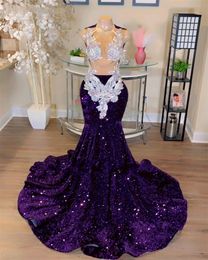 Sexy Purple Sequins Prom Dress Illusion Lace Appliques Pluls Size Backless Formal Birthday Party Gowns Robe De Bal