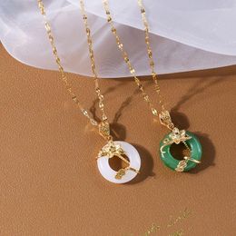 Chains Real Gold Plated Flower Jade Necklace Stainless Steel Lip Chain Round Natural Agate Pendant Lucky