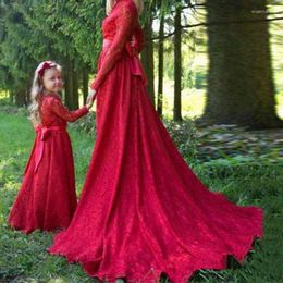 Girl Dresses Red Lace Mother And Daughter Dress Long Sleeve Sheer Neck Flower For Wedding Party Gown