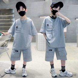 Clothing Sets Teen Boys Summer Short Sleeve TshirtandShorts 2Pcs New Cool Kids Casual Solid Colour Loose Sport Outfits 5-14Yrs