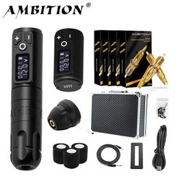 Tattoo Guns Kits Ambition Soldier Wireless Machine Pen Kit Coreless Motor with 2400mAh Battery 80pcs Mixed Cartridge for Artist 231214