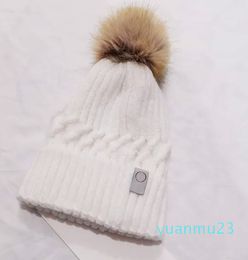 LU Label Knitted Pompon Beanies Hat Thicken Winter Women Bonnet Beanies With Real Raccoon Fur Pompoms Warm Girl