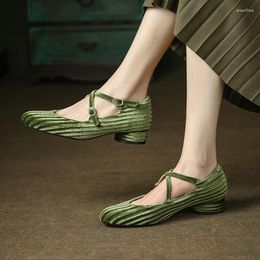 Dress Shoes Velour Velvet Good Quality Women Med Round Heels Olive Army Green Cross-strap Vintage Retro Lady Mary Janes Pumps Office