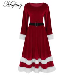 Basic Casual Dresses Womens Ladies Plus Size Velvet Scoop Neck Long Sleeves Mrs Santa Claus Costume Adults Christmas Fancy Dress Outfit 231208