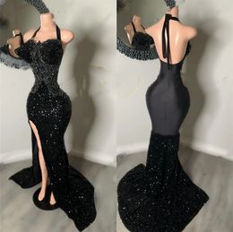 Sexy Sweetheart Long Prom Dress For Black Girls Applique Birthday Party Dresses Sequined Evening Gown High Slit Robe De Ba