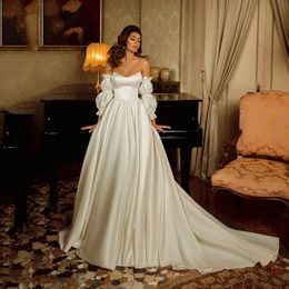 Modern A-Line Wedding Dress Modern Scoop Neck Long Puff Sleeves Backless Bridal Gown Floor Length Vestidos De Novia