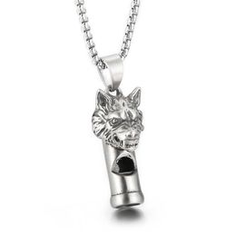 Gothic Wolf Head Whistle Necklace Pendant Casting Stainless Steel Rolo Chain Jewelry For Mens Boys Cool Gifts Silver Polished Blin196j