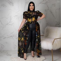 Plus Size Dresses Sheer Elegant Dress Female Puff Sleeve Crop Top Luxury Dinner Evening Long Robe Women Mesh Print Pretty Party