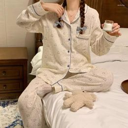 Women's Sleepwear Autumn Winter Cartoon Bear Cotton Gauze Pyjama Set Long Sleeve Couple Comfortable Tops Pants Home Clothes White S260
