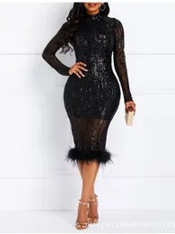 Casual Dresses Women Black Glitter Luxury Bodycon Party Dress O Neck Long Sleeve Sheath Feather Hems Formal Evening Celebrate Prom Event