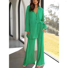 Women's Two Piece Pants Fashion Design Single Breasted V-Neck Crimp Shirt High Waist Straight Loose Casual Peice Set For Women Matching Sets