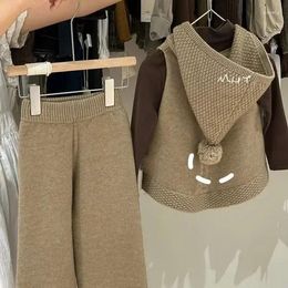 Clothing Sets Childrens Korea Winter Solid Colour Hooded Vest Sweater Two Piece Set Girls Wide Leg Pants Knitting