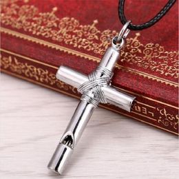 10pcs Men Women Whistle Steel Cross Pendant Necklace with Leather Rope fashion jewelry necklace 201014255n
