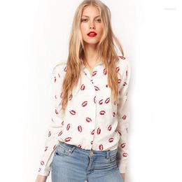 Women's Blouses Fashion Retro Women Sexy Red Lips Prints Chiffon Blouse Ladies Elegant Long Sleeve Shirts Casual Tops White Black Blusa