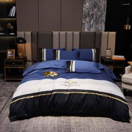 Bedding Sets 2023 60 Long Velvet Embroidery Striped Colour Matching Four-piece Set Of Pure Cotton Luxury Can Be Customised Blue White