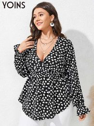 Women's Blouses Shirts YOINS Plus Size Women Tunic Tops Vintage Heart Printed Blouses 2023 Autumn Fashion Sexy V Neck Pleated Party Long Sleeve Shirts L230712