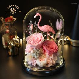 Decorative Flowers Dried Flower Glass Lid Gift Box Decoration Rose Bouquet Flamingo Lover Christmas Birthday Home