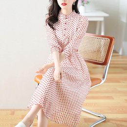 Casual Dresses Ladies Retro Wave Fund 2023 Autumn Points Hubble-bubble Seeve Skirt Tall Waist Commuter Long-sleeved Chiffon Women Dress