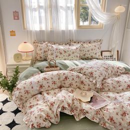 Bedding Sets Cotton Vintage French Country Small Floral Set Ruffled Edges Flower Pattern Duvet Cover Bed Sheet Pillowcases