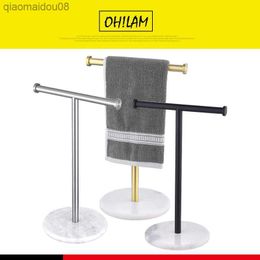 Towel Rack with Natural Marble Base T-Shape Hand Towel Holder Stand 304 Stainless Steel for Bathroom Vanity Countertop Brushed L230704