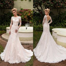 2019 New Custom Made Mermaid Wedding Dress Long Sleeve Lace UP Corset Back Bridal Gown Long Sleeves With Belt Custom Made173g