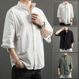 Men's Casual Shirts Linen Shirt Summer Chinoiserie Style Wear Stand Collar Loose Large Thin Three Quarter Short Sleeve Men Top