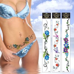 Sexy Flower Navel Tattoo Stickers Long Belly Abdomen Waist Back Arm Thigh Chest Waterproof Temporary Tattoos for Women Girls