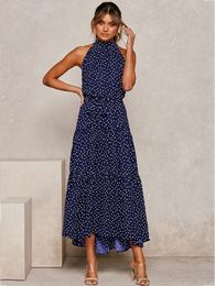 Basic Casual Dresses Polka Dots Vintage Women Summer Halter Maxi Boho Dress Sleevless Navy Blue Floral Print Long Sash Beige A-line Beach Casual Robe 230726