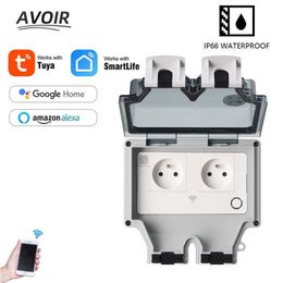 Smart Power Plugs Avoir Tuya Power Socket IP66 Outdoor Wifi Smart Waterproof Socket Box Smart FR Wall Plug Socket With Timer Home Appliance 220V HKD230727