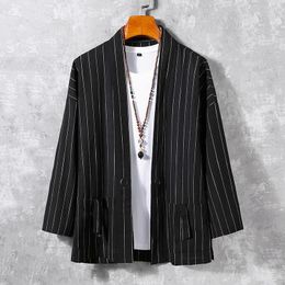 Men's Jackets #4258 Black White Blue Grey Cotton Linen Striped Kimono Jacket Men Loose Plus Size 5XL Cardigan Pockets Retro Streetwear