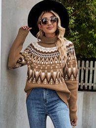 Women's Sweaters Autumn Winter Vintage Stripe Sweater High Neck Knitted Pullover Holiday Party Women Clothing Long Sleeve Top Streetwear