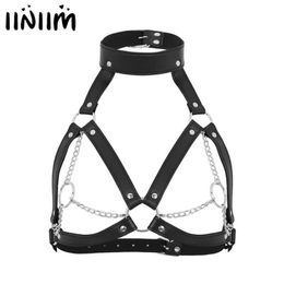 Womens PU Leather BDSM Sex Body Bras Harness Open Nipples Cage Bralette Strap Buckles O-Rings Chain Tassel Chest Belt Steampunk238m