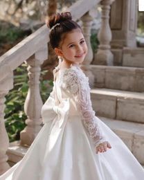 Girl Dresses White Soft Satin Pearls Elegant First Communion Dress Concert Wedding Party Short Sleeves Junior Bridesmaid Gown