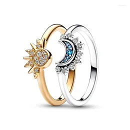 Cluster Rings 2023 925 Silver Ring Celestial Blue Sparkling Moon &sun S925 Women Original Fine Jewelry