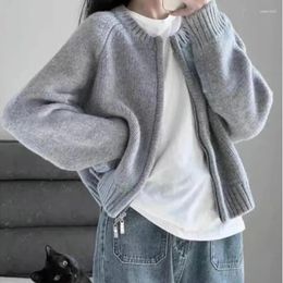 Women's Knits Vintage Women Knitted Cardigan Korean Fashion Round Neck Zipper Cropped Sweaters Casual Loose Solid Jumpers Jackets Outwear