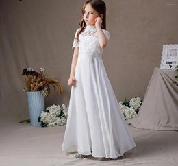 Girl Dresses White Lace Holy First Communion Dress High Neck Long Chiffon Flower Short Sleeves Junior Bridesmaid Wedding