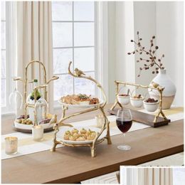 Dishes Plates Gold Oak Branch Snack Bowl Stand Christmas Candy Decoration Display Home Party Specialty Rack Drop Delivery Garden K Dhgyl