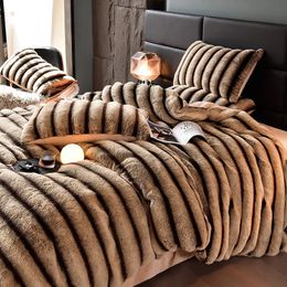 Bedding sets Faux Rabbit Fur Velvet Fleece Luxury Bedding Set Fuzzy Brown Stripe Plush Shaggy Warm Duvet Cover Set Bed Sheet Pillowcases 4Pcs 231110