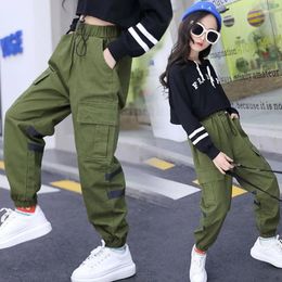 Trousers Children Girls Boys Hip Hop Dance Clothes Long Pants For Kids Cotton Pocket Army Green Sports Cargo