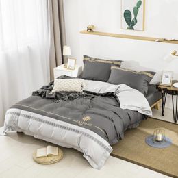 Bedding Sets 2023 60 Long Velvet Embroidery Striped Color Matching Four-piece Set Of Pure Cotton Luxury Can Be Customized Gray White