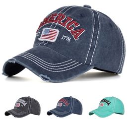 Vintage America Stitchwork Hat Washed Denim Baseball Cap Old Look Letter Flag Embroidery Ball Caps Red Black