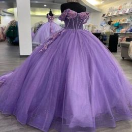 Luxious Purple Sweetheart 3D Flowers Ball Gown Quinceanera Dress 2024 Off The Shoulder Princess Dress Sweet 16 Dress vestidos