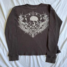 Women's T Shirts Harajuku Mall Goth Emo 00s Vintage Crop Tops Retro Y2K Cyber Grunge Skull Graphic T-shirt Women O Neck Autumn Long Sleeve