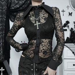 Women's T Shirts Gothic Dark Lace Mall See Through Shrug Tops Grunge Aesthetic Black Full Sleeve Crop Top Women Vintage Punk Sexy Clothing