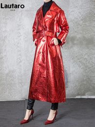 Women s Jackets Lautaro Spring Autumn Long Shiny Reflective Patent Pu Leather Trench Coat for Women Belt Double Breasted Runway European Fashion 231124