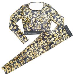 Yellow Vintage Print Tracksuit Womens Designer Leggings Fashion Long Sleeve Yoga Tops Stretch Yoga Pants